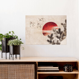 Plakat samoprzylepny Ptaki i zachód słońca. Hokusai Katsushika. Reprodukcja