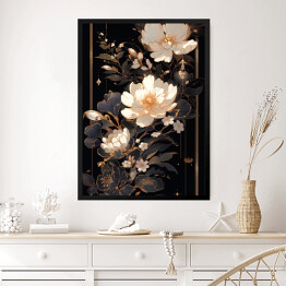 Obraz w ramie Jasne kwiaty i dekoracyjny ornament w czarno złotej kompozycji