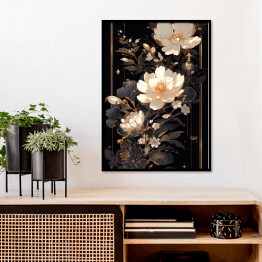 Plakat w ramie Jasne kwiaty i dekoracyjny ornament w czarno złotej kompozycji