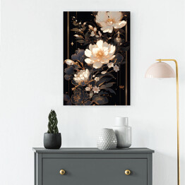 Obraz klasyczny Jasne kwiaty i dekoracyjny ornament w czarno złotej kompozycji