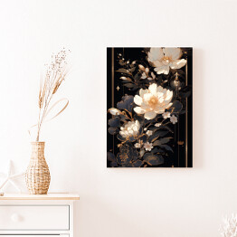 Obraz na płótnie Jasne kwiaty i dekoracyjny ornament w czarno złotej kompozycji