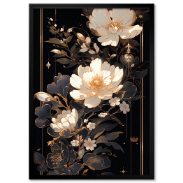 Obraz klasyczny Jasne kwiaty i dekoracyjny ornament w czarno złotej kompozycji