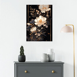 Plakat samoprzylepny Jasne kwiaty i dekoracyjny ornament w czarno złotej kompozycji