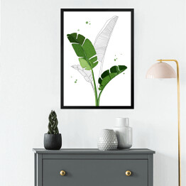 Obraz w ramie Zielone liście bananowca na tle szkicu motywu roślinnego