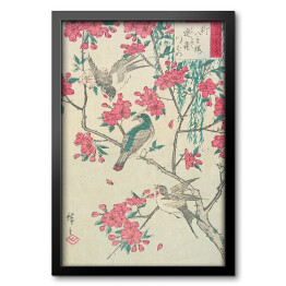 Obraz w ramie Utugawa Hiroshige Wierzba, kwiaty wiśni, wróble i jaskółka. Reprodukcja