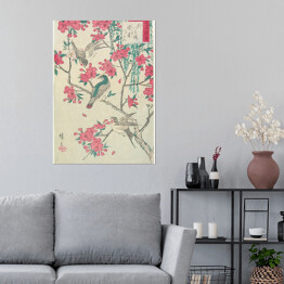 Plakat samoprzylepny Utugawa Hiroshige Wierzba, kwiaty wiśni, wróble i jaskółka. Reprodukcja