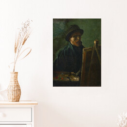 Plakat samoprzylepny Vincent van Gogh Autoportret Vincenta van Gogha z ciemnym filcowym kapeluszem przy sztalugach. Reprodukcja