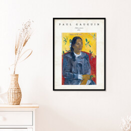 Plakat w ramie Paul Gauguin "Tajlandzka kobieta z kwiatem" - reprodukcja z napisem. Plakat z passe partout