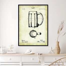 Plakat w ramie Rysunek patentowy kufel. Szklanka na piwo. Plakat z napisem Beer Mug w stylu vintage retro dla miłośnika piwa