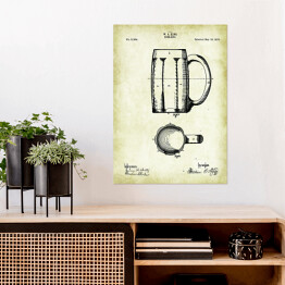 Plakat Rysunek patentowy kufel. Szklanka na piwo. Plakat z napisem Beer Mug w stylu vintage retro dla miłośnika piwa