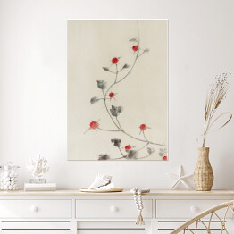 Plakat samoprzylepny Hokusai Katsushika. Małe czerwone kwiaty na winorośli. Reprodukcja