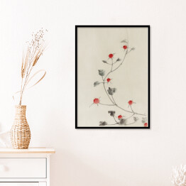 Plakat w ramie Hokusai Katsushika. Małe czerwone kwiaty na winorośli. Reprodukcja