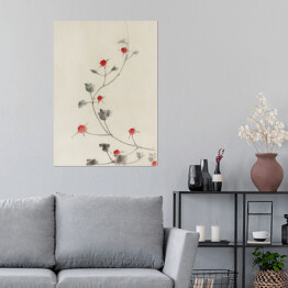 Plakat samoprzylepny Hokusai Katsushika. Małe czerwone kwiaty na winorośli. Reprodukcja
