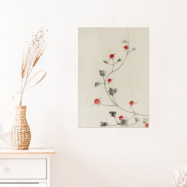 Plakat Hokusai Katsushika. Małe czerwone kwiaty na winorośli. Reprodukcja