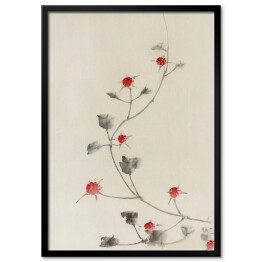Obraz klasyczny Hokusai Katsushika. Małe czerwone kwiaty na winorośli. Reprodukcja