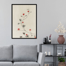 Plakat w ramie Hokusai Katsushika. Małe czerwone kwiaty na winorośli. Reprodukcja