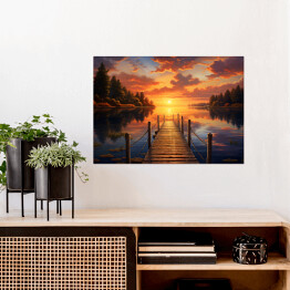 Plakat samoprzylepny Pomost nad jeziorem w lesie z zachodem słońca