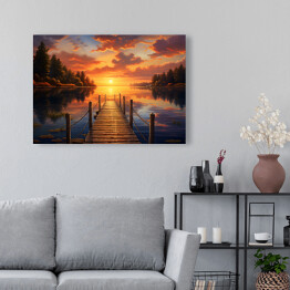 Obraz na płótnie Pomost nad jeziorem w lesie z zachodem słońca