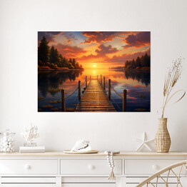 Plakat Pomost nad jeziorem w lesie z zachodem słońca