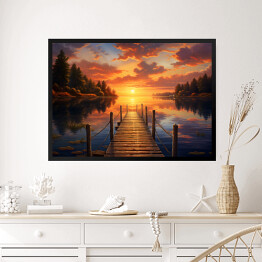 Obraz w ramie Pomost nad jeziorem w lesie z zachodem słońca