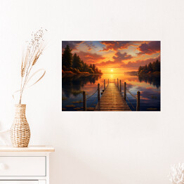 Plakat samoprzylepny Pomost nad jeziorem w lesie z zachodem słońca