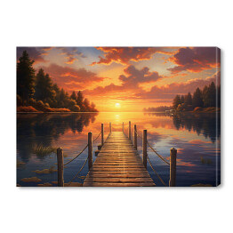 Obraz na płótnie Pomost nad jeziorem w lesie z zachodem słońca