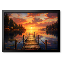 Obraz w ramie Pomost nad jeziorem w lesie z zachodem słońca
