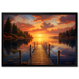 Plakat w ramie Pomost nad jeziorem w lesie z zachodem słońca