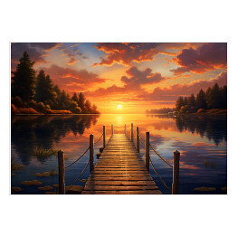 Plakat Pomost nad jeziorem w lesie z zachodem słońca
