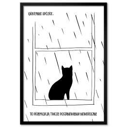 Plakat w ramie Czarny kot z napisem "Grażynko, spójrz... to przemijają Twoje postanowienia noworoczne" - ilustracja