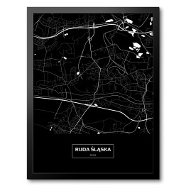 Obraz w ramie Mapa Rudy Śląskiej czarno-biała z napisem na czarnym tle