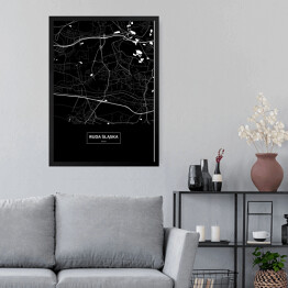 Obraz w ramie Mapa Rudy Śląskiej czarno-biała z napisem na czarnym tle