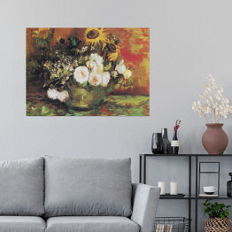 Plakat samoprzylepny Vincent van Gogh Słoneczniki, róże i inne kwiaty w misce. Reprodukcja