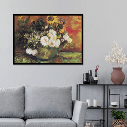 Plakat w ramie Vincent van Gogh Słoneczniki, róże i inne kwiaty w misce. Reprodukcja