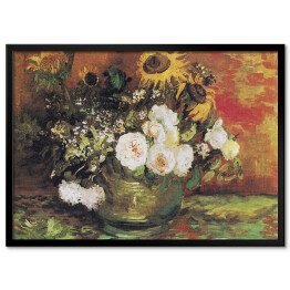 Plakat w ramie Vincent van Gogh Słoneczniki, róże i inne kwiaty w misce. Reprodukcja