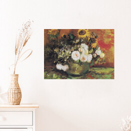 Plakat samoprzylepny Vincent van Gogh Słoneczniki, róże i inne kwiaty w misce. Reprodukcja