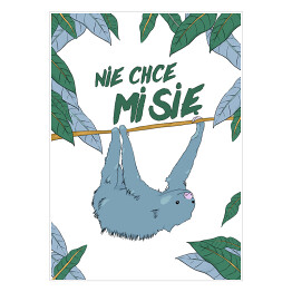Plakat samoprzylepny Ilustracja z napisem "nie chce mi się" - leniwiec wiszący na drzewie