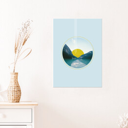 Plakat samoprzylepny Geometria i natura - zachód słońca nad jeziorem w górach