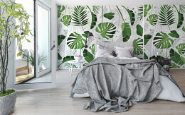 Fototapeta Zielone liście monstery, palmy i bananowca na tle szkicu motywu roślinnego